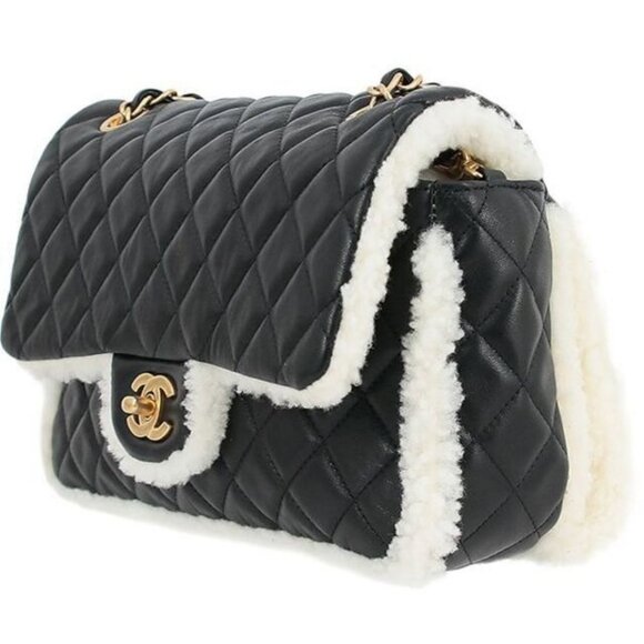 Authentic CHANEL Lambskin Quilted Shearling Large CC Flap Bag Black White Purse - Picture 8 of 13